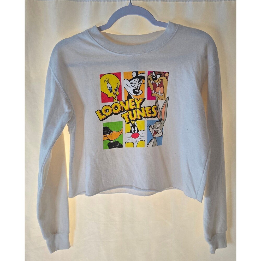 Looney Tunes Woman's White Long Sleeve Graphic Crew Neck Cropped Top Size Small